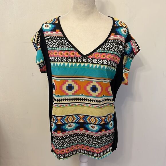 Sunny Leigh cap sleeve multicolored patterned blouse Size L - Picture 2 of 8